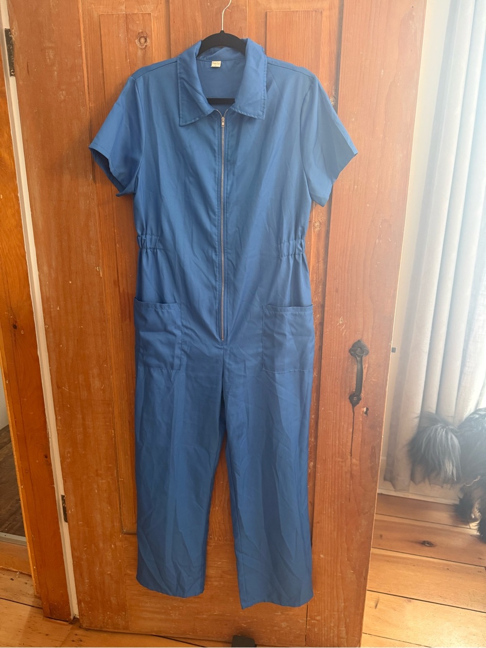 Blue Short-Sleeve Zip-Front Jumpsuit